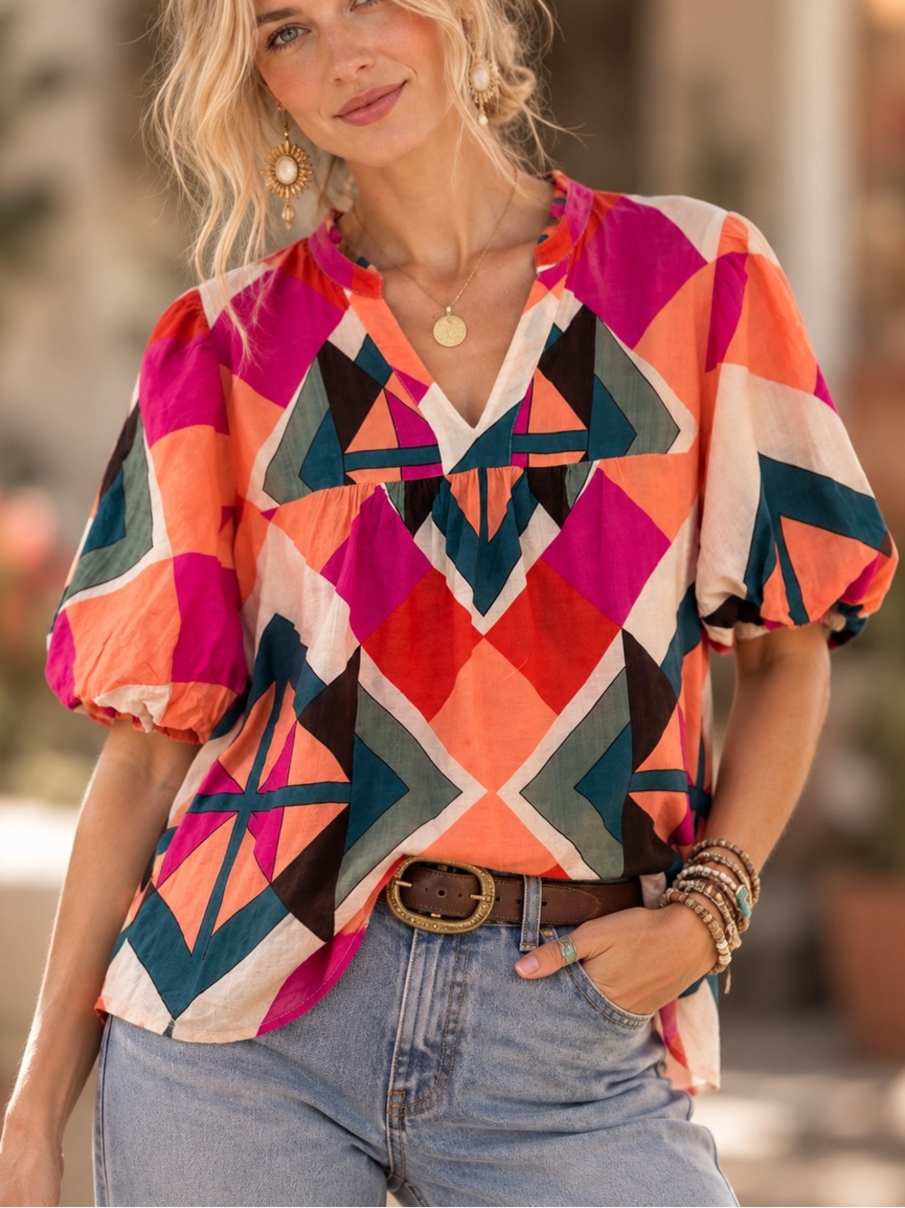 THML XL Geometric Print Blouse Cotton Top Abstract Retro Eclectic Boho Colorful
